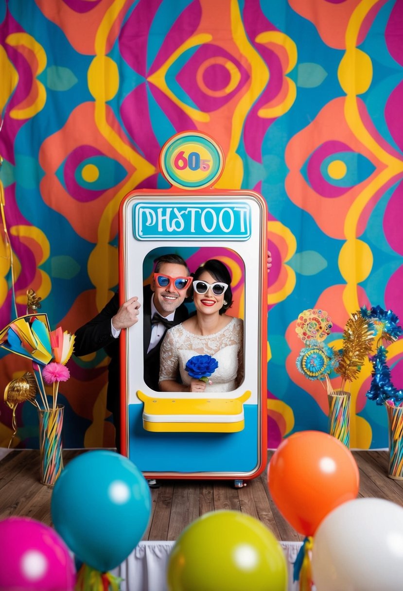 A retro-inspired photo booth with colorful props and a backdrop of psychedelic patterns, set up at a 60s-themed wedding celebration