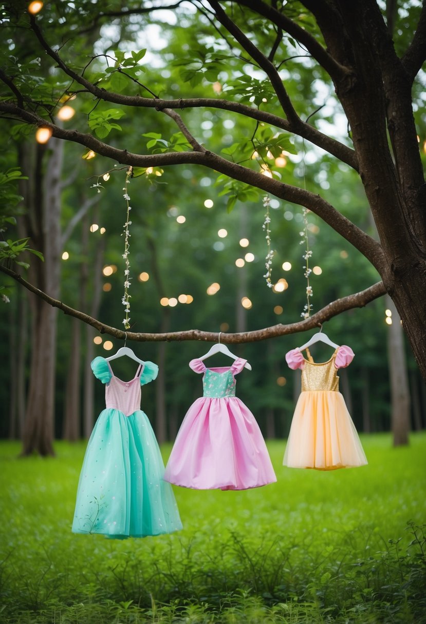 A lush forest clearing with whimsical, fairy-tale themed dresses hanging from tree branches, surrounded by twinkling fireflies