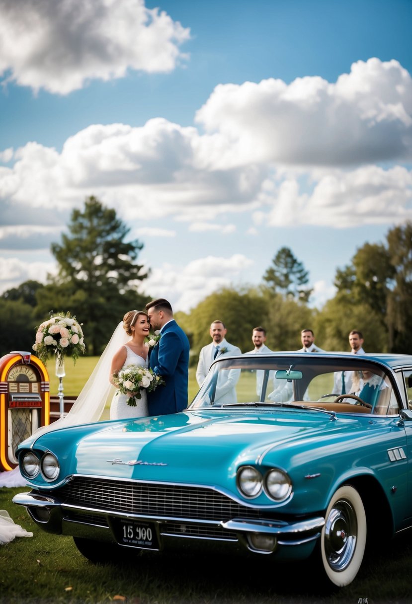 A vintage-inspired wedding ceremony with retro decor and attire, including a classic car and a jukebox playing 60s music