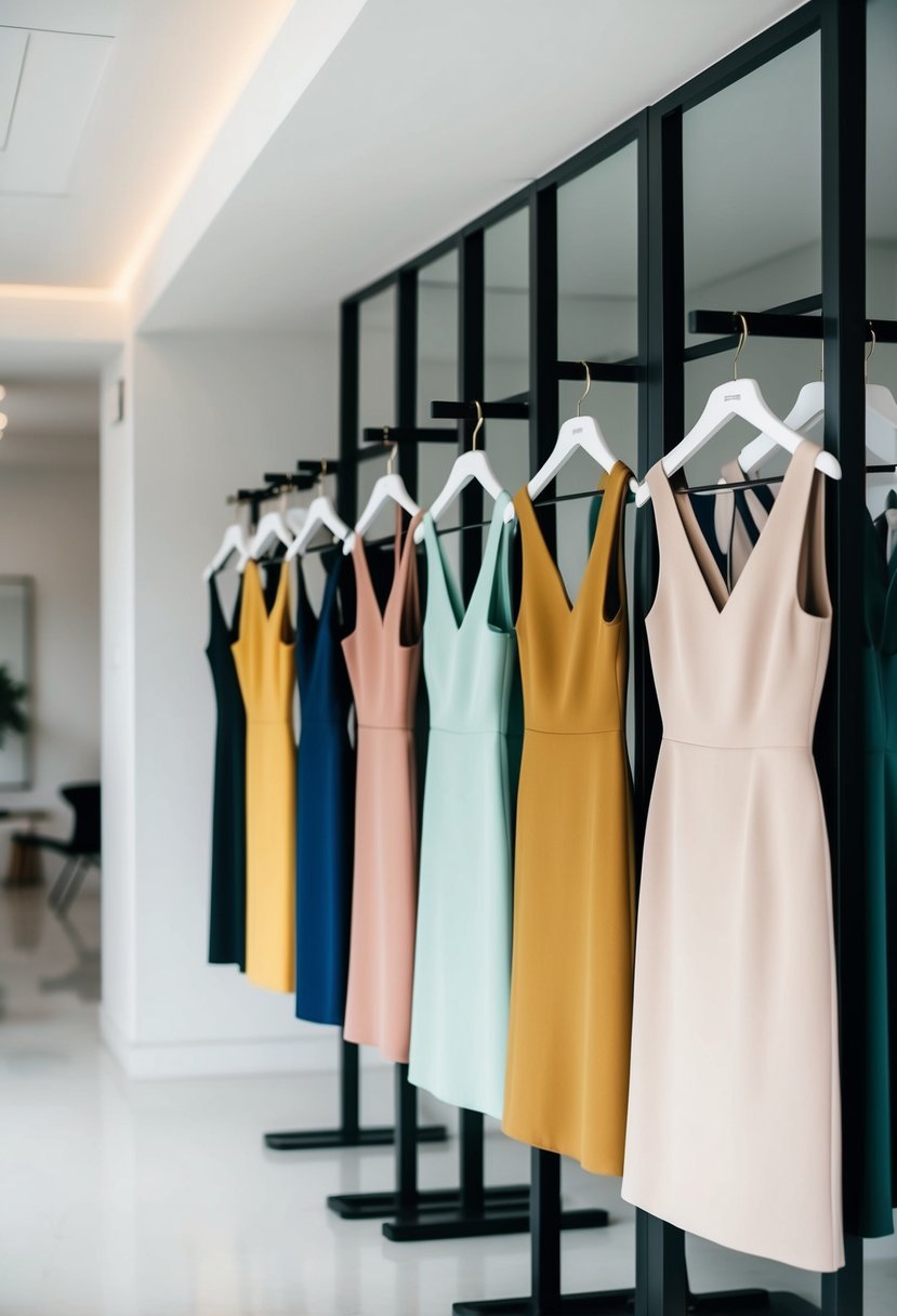 A row of modern minimalist shift dresses in various colors and styles, displayed in a clean and contemporary setting