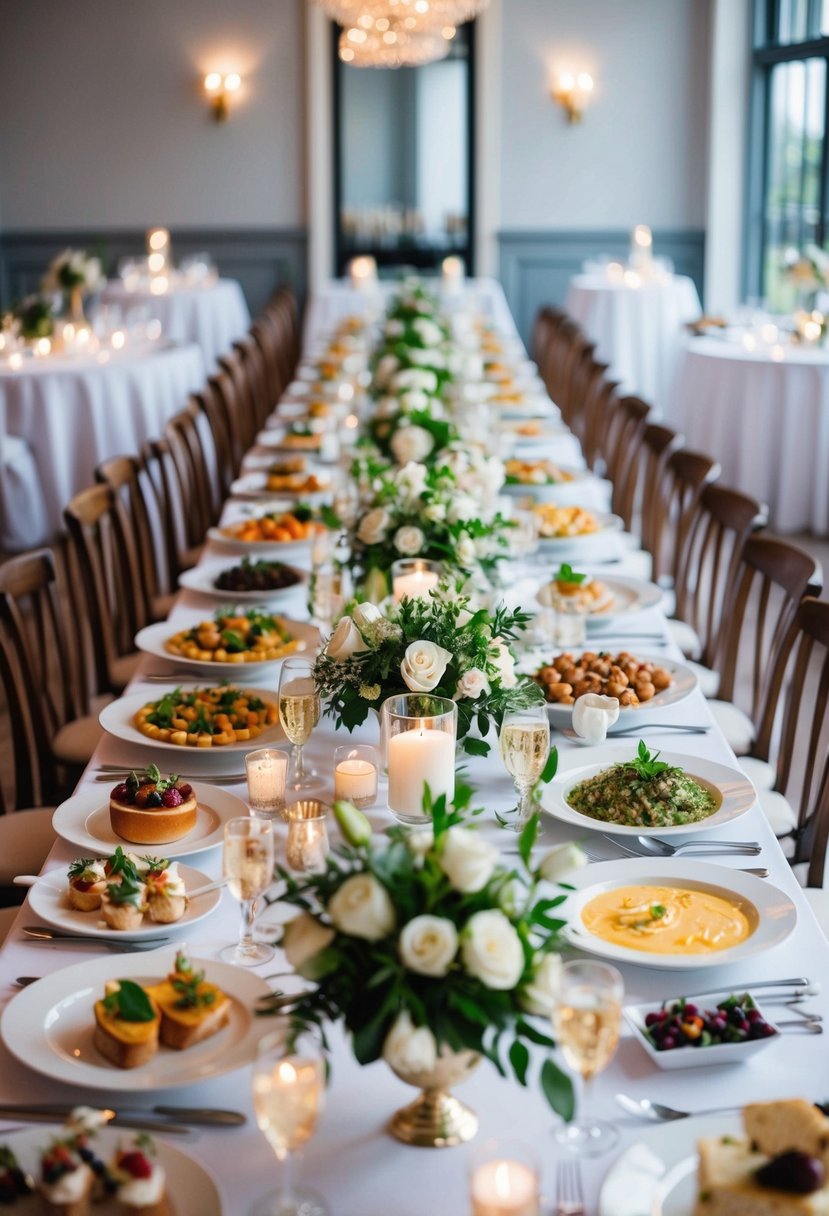 A beautifully decorated banquet table with an array of elegant and delicious wedding food options, including appetizers, entrees, and desserts