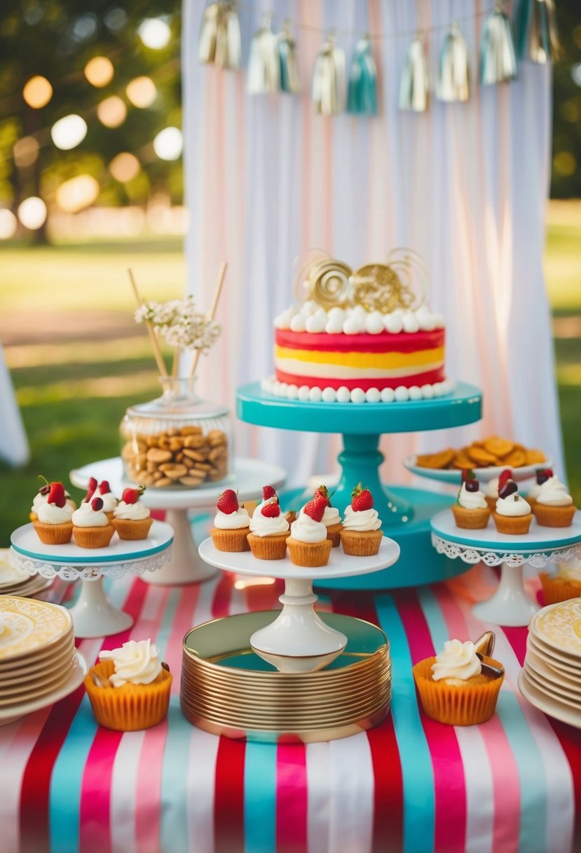 A retro dessert bar with mini treats and vintage decor for a 60s wedding celebration