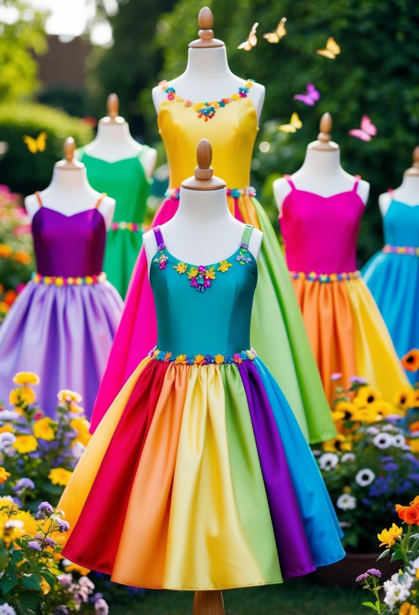 A group of whimsical rainbow-toned dresses displayed in a garden setting, surrounded by colorful flowers and butterflies