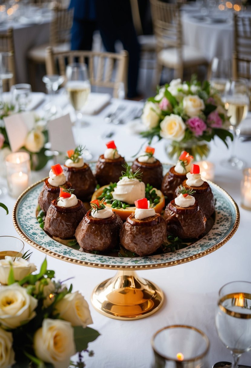 Mini Beef Wellingtons arranged on a decorative platter with garnishes, surrounded by elegant table settings and floral centerpieces at a wedding reception