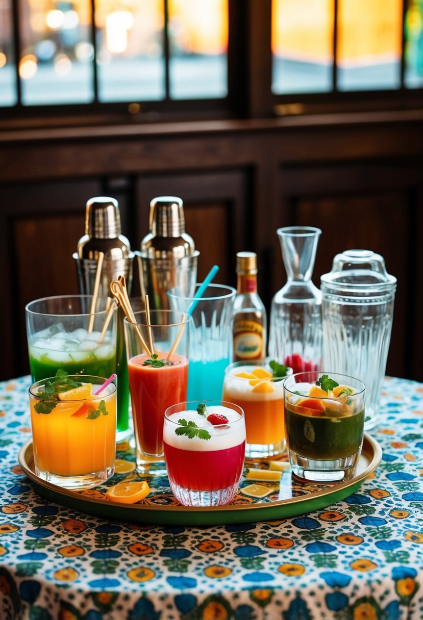 A retro cocktail station with vintage glassware, shakers, and colorful ingredients arranged on a patterned tablecloth