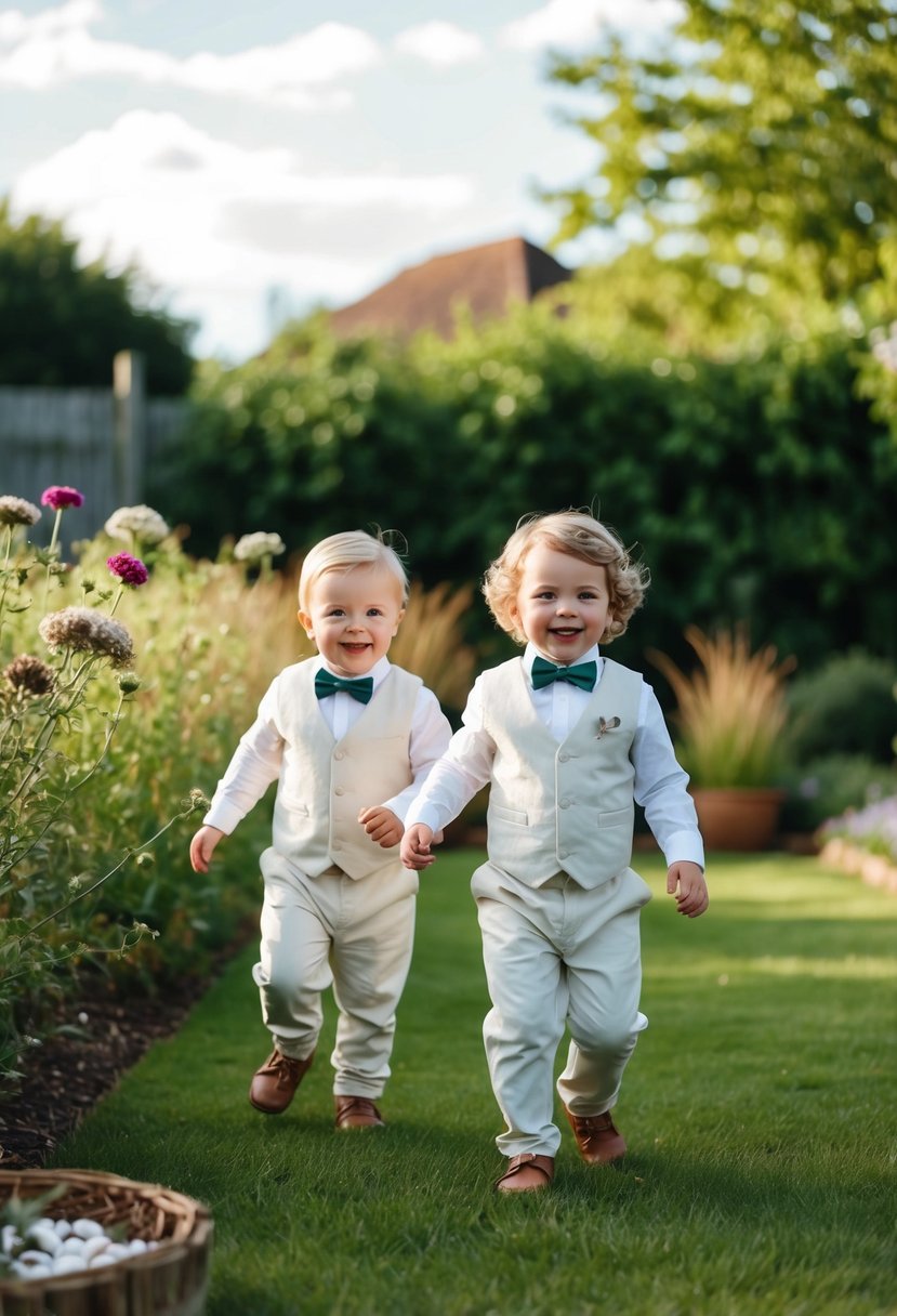 Children in organic cotton wedding outfits play in a garden