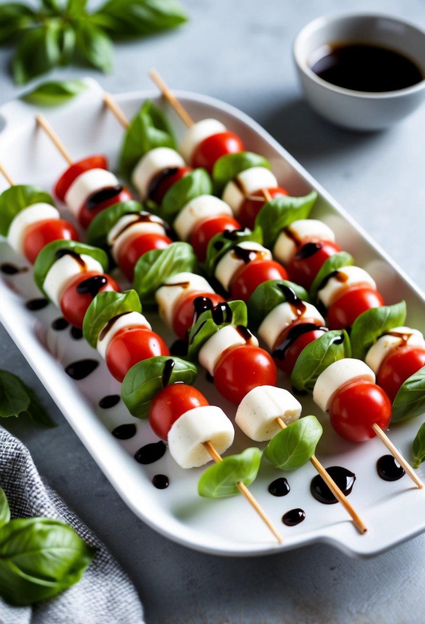 A platter of Caprese Salad Skewers arranged elegantly on a white serving dish, garnished with fresh basil leaves and drizzled with balsamic glaze