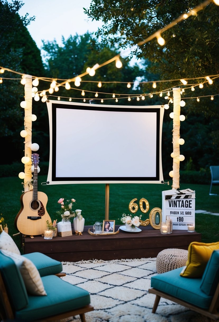 An outdoor movie screen with vintage wedding decor and 60s themed props, surrounded by fairy lights and a cozy seating area