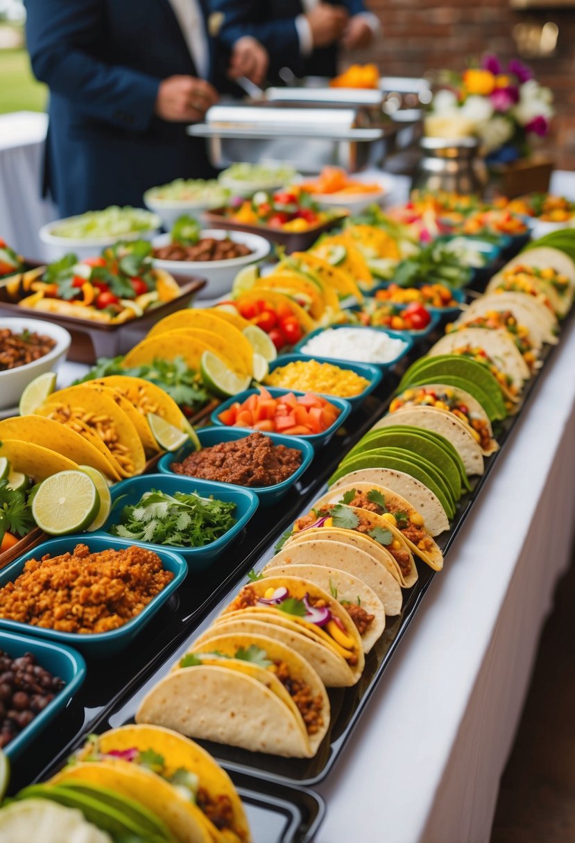 A festive wedding buffet with a colorful array of taco ingredients and toppings displayed in an organized and inviting manner