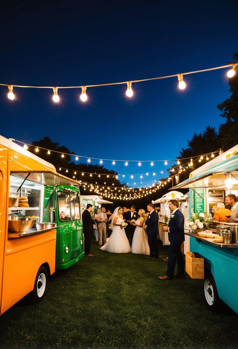 A colorful array of vintage food trucks gather under twinkling lights, serving up nostalgic 60s-inspired dishes for a wedding celebration