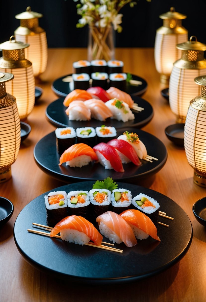 An elegant display of sushi rolls, sashimi, and nigiri arranged on a sleek black stone platter, adorned with delicate garnishes and surrounded by decorative Japanese lanterns