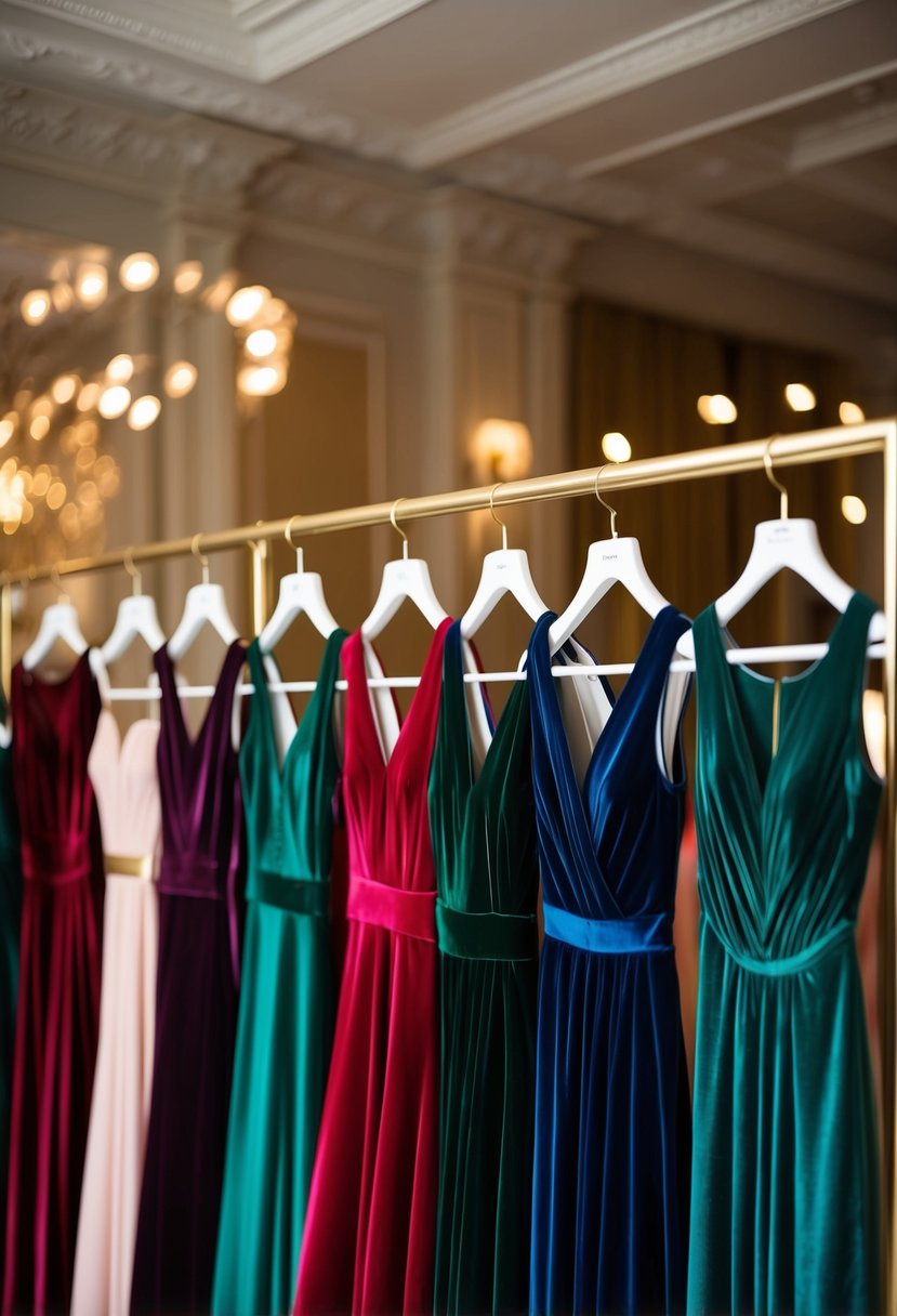 A row of elegant velvet party dresses in various colors and styles, displayed on mannequins or hangers in a luxurious setting