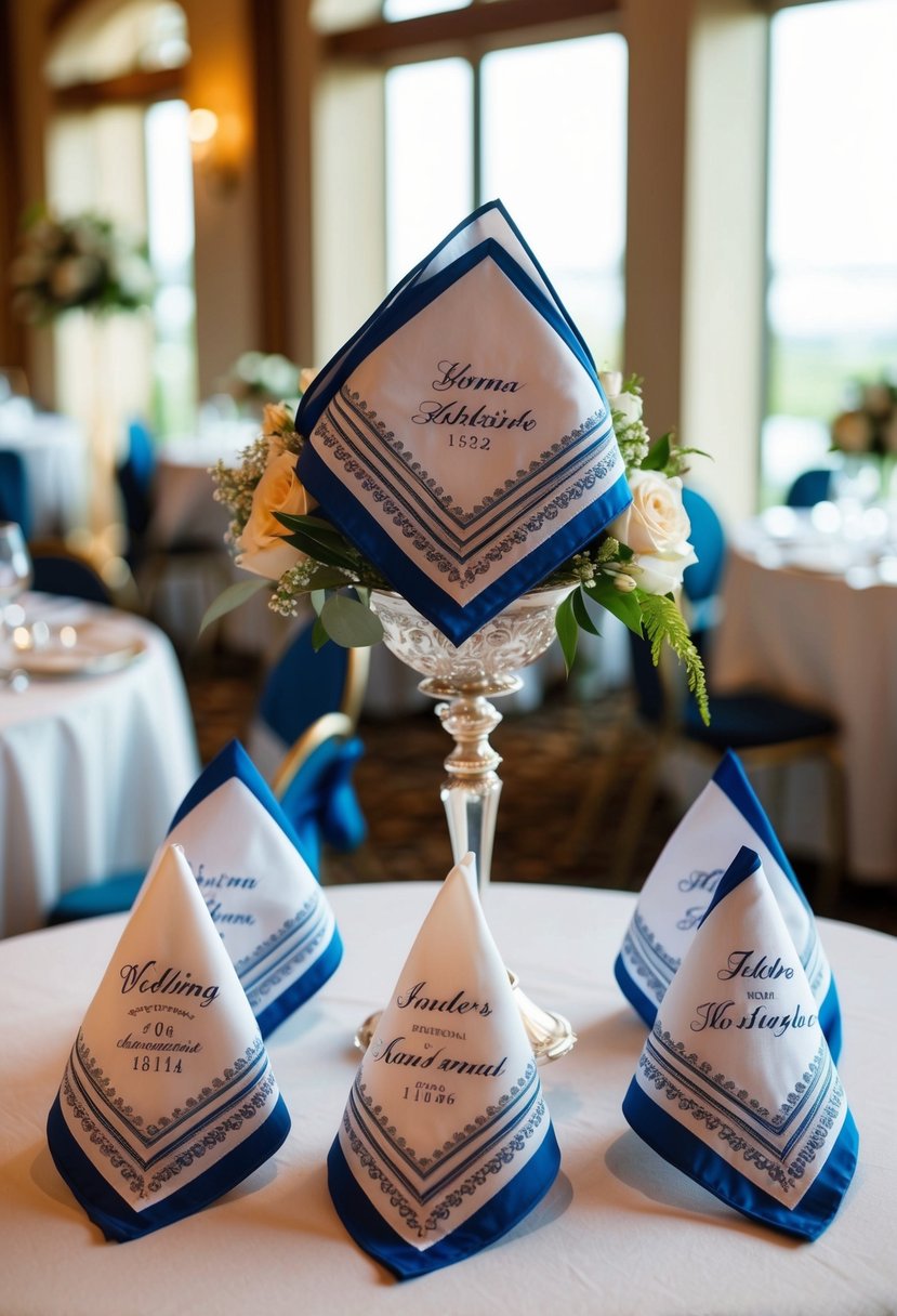 Custom handkerchiefs displayed on a vintage table at a 60s wedding reception