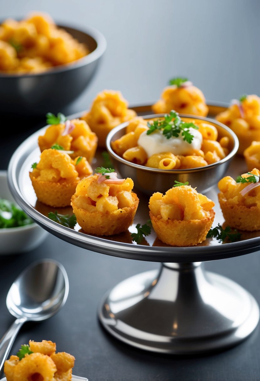 A platter of golden, crispy mac & cheese bites arranged with elegant garnishes on a sleek serving tray