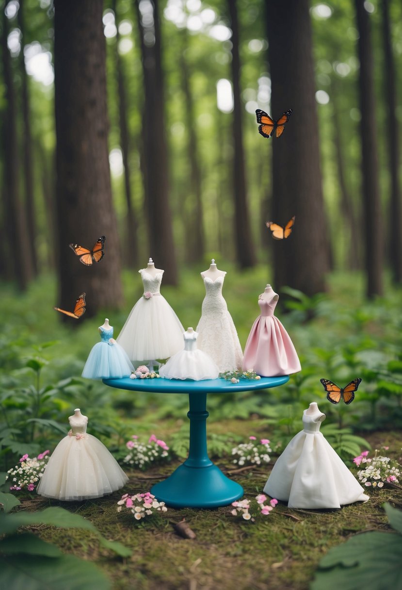 A whimsical forest clearing with a small table displaying miniature wedding dresses in various styles, surrounded by butterflies and flowers