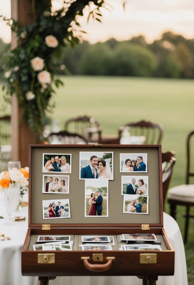 A vintage memory table displays photos of loved ones at a 1960s wedding