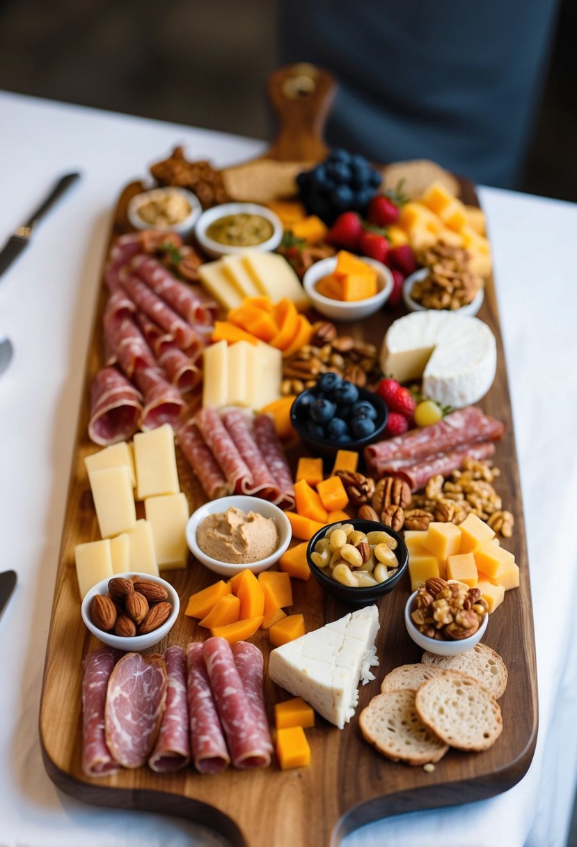 A wooden board adorned with an assortment of cured meats, cheeses, fruits, nuts, and spreads, arranged in an elegant and appetizing display