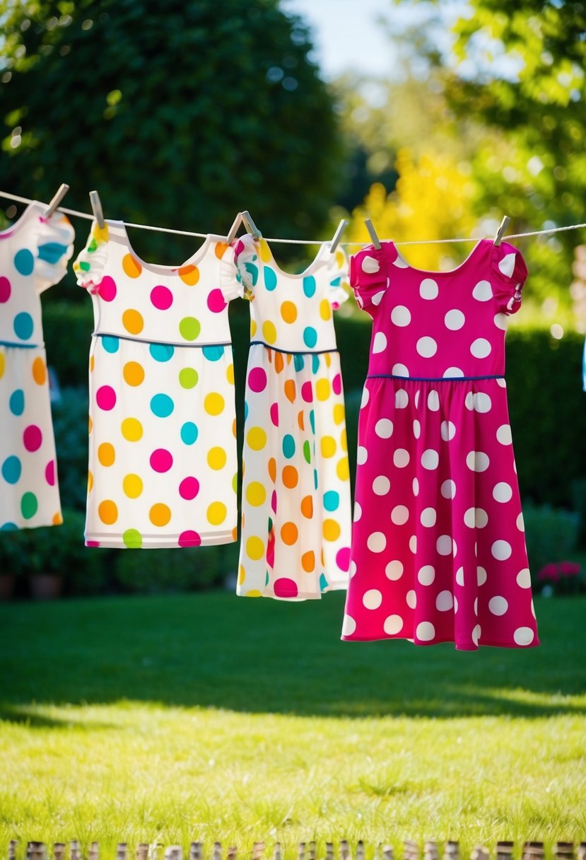 Colorful polka dot print dresses hanging on a clothesline in a sunny garden