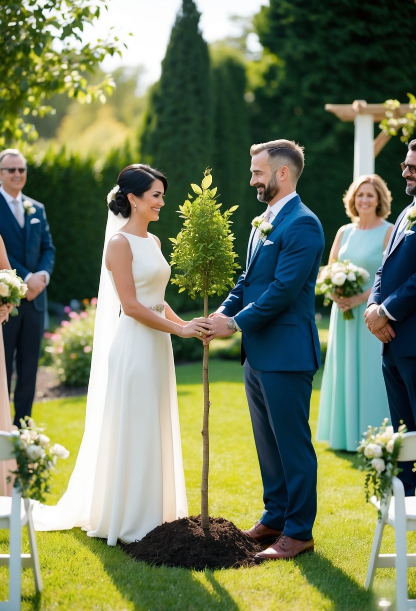 A couple plants a unity tree in a garden during their 60s-themed wedding ceremony