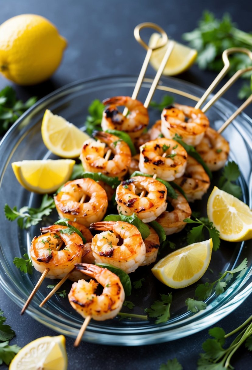 A glass platter holds grilled shrimp skewers with cocktail sauce, surrounded by lemon wedges and fresh herbs