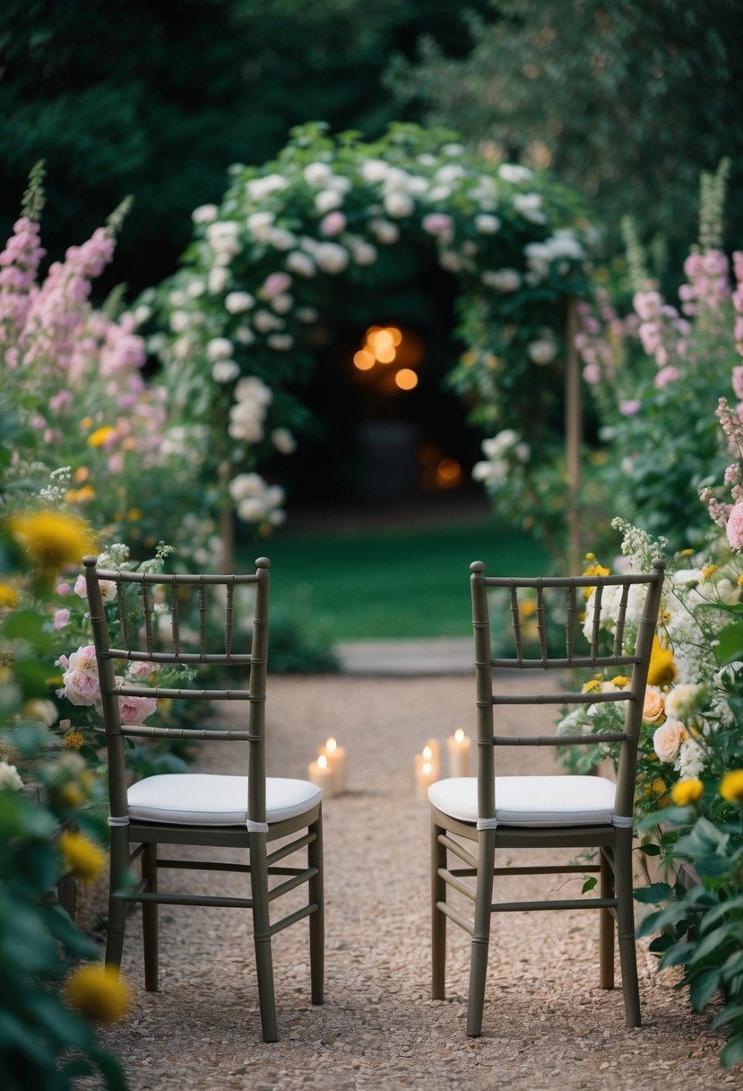 A secluded garden with two chairs facing each other, surrounded by blooming flowers and soft candlelight