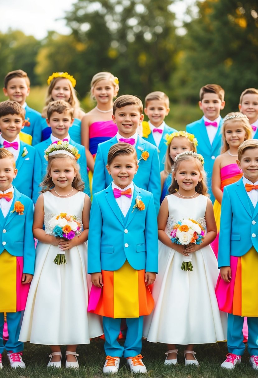 A group of children in vibrant, coordinated wedding attire, with matching dresses, suits, and accessories, creating a colorful and unique scene