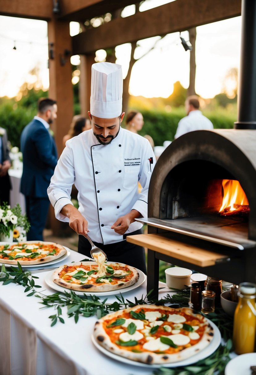 A chef prepares artisan pizzas at a wedding food station, surrounded by fresh ingredients and a wood-fired oven