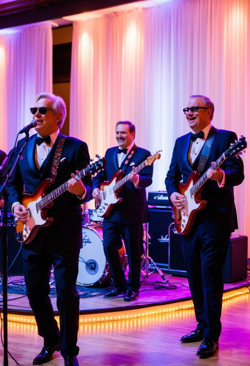 A live band performs classic 60s hits at a vibrant wedding celebration