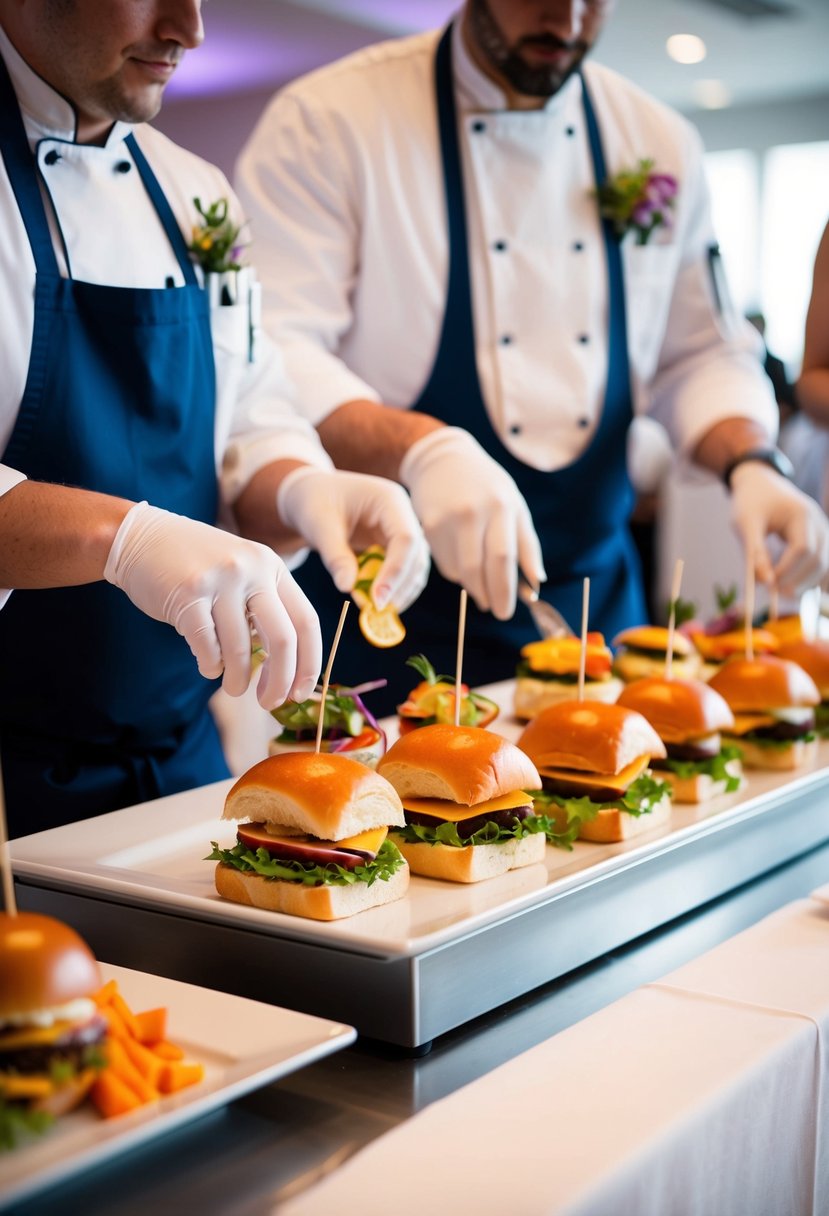 A chef assembling gourmet sliders on a sleek, modern station at a wedding reception. Fresh, colorful ingredients are neatly displayed for guests to customize their own sliders