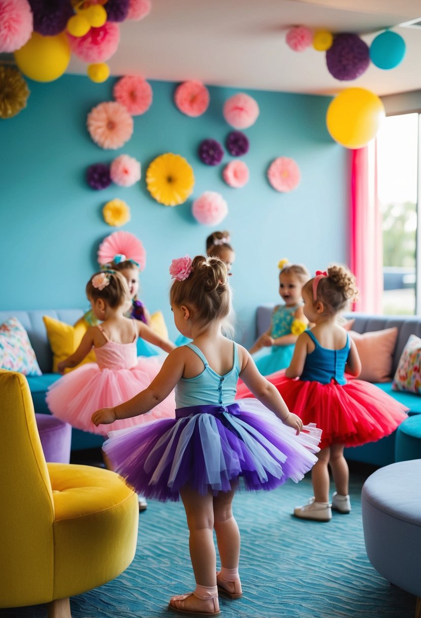 A group of children twirl in colorful tutu dresses, surrounded by whimsical decorations and comfortable seating