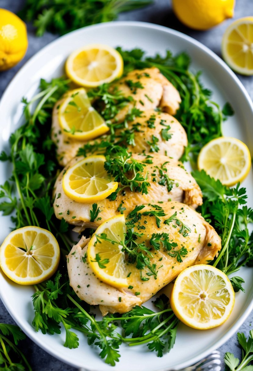 A platter of lemon herb chicken surrounded by vibrant green herbs and lemon slices