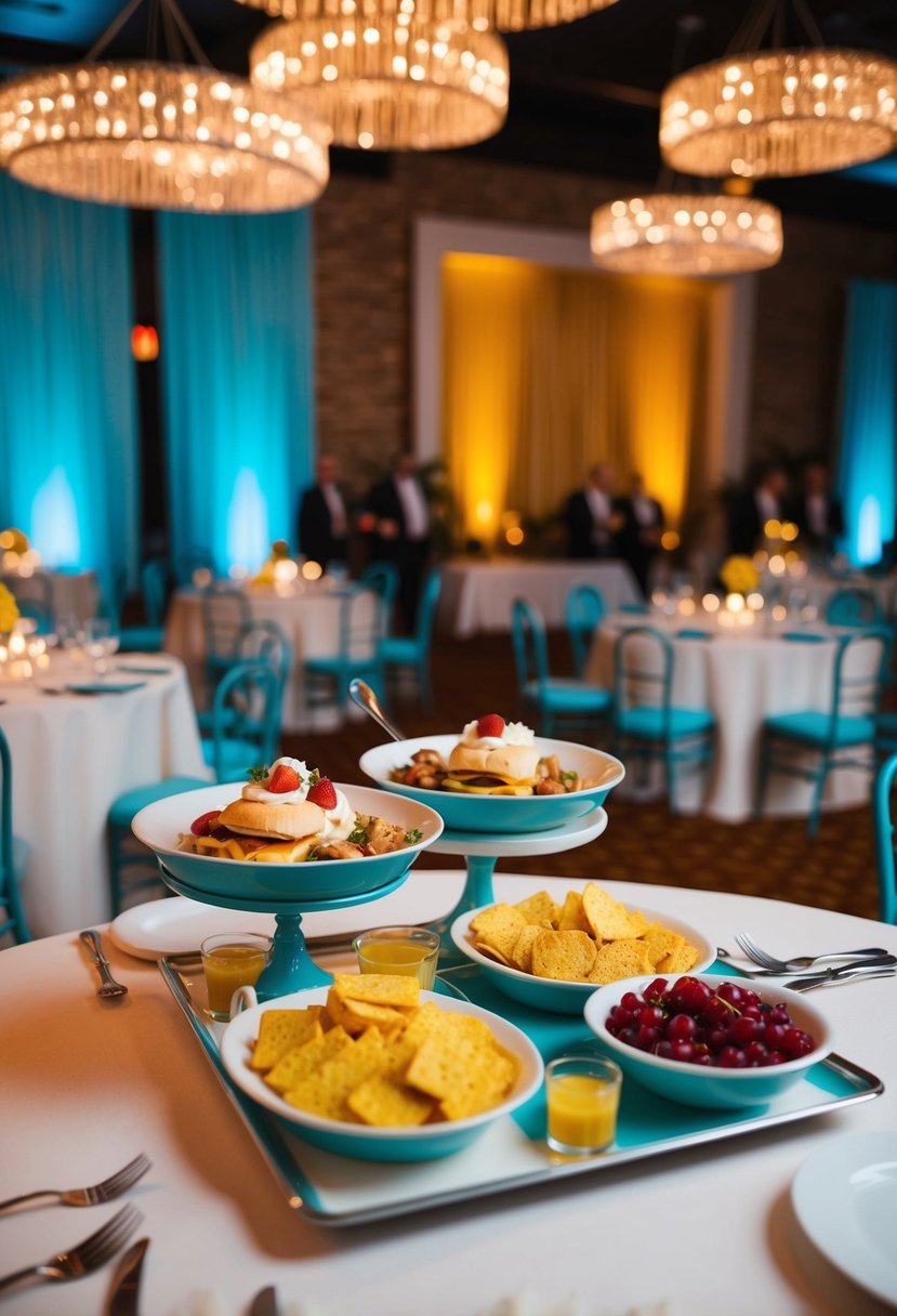 A retro-themed reception with 60s decor, serving breakfast foods for dinner