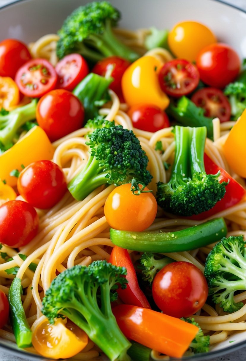 A colorful array of fresh vegetables, such as cherry tomatoes, bell peppers, and broccoli, tossed with al dente pasta in a light, flavorful sauce