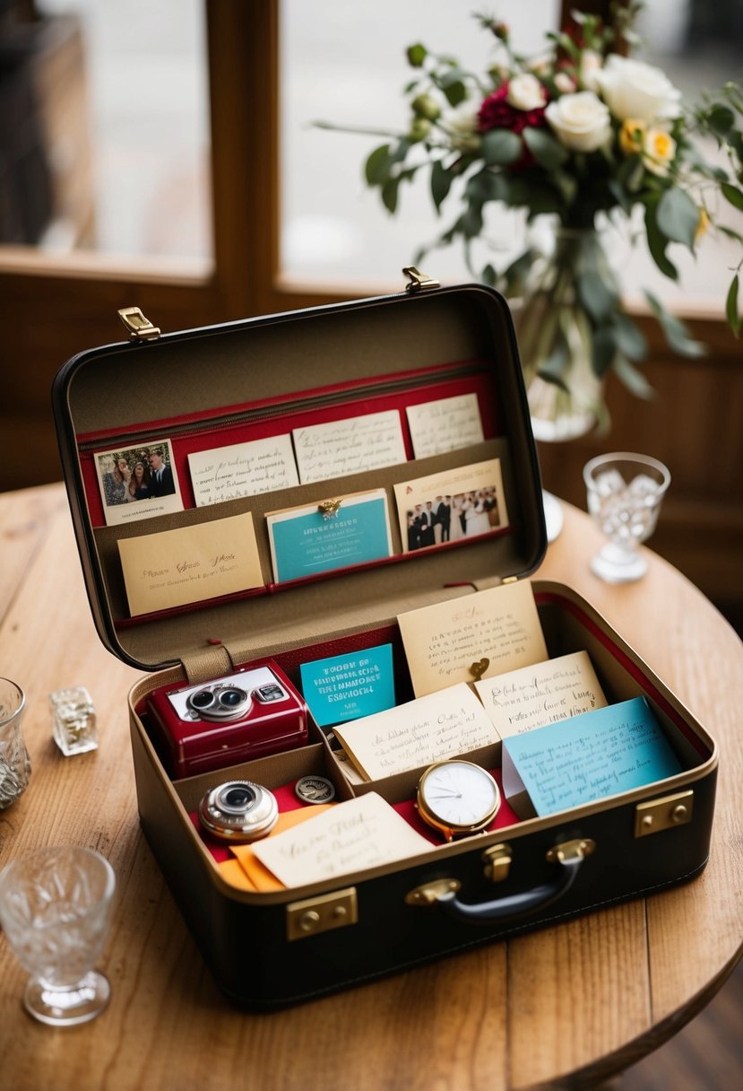 A vintage suitcase filled with retro wedding memorabilia and love notes from guests