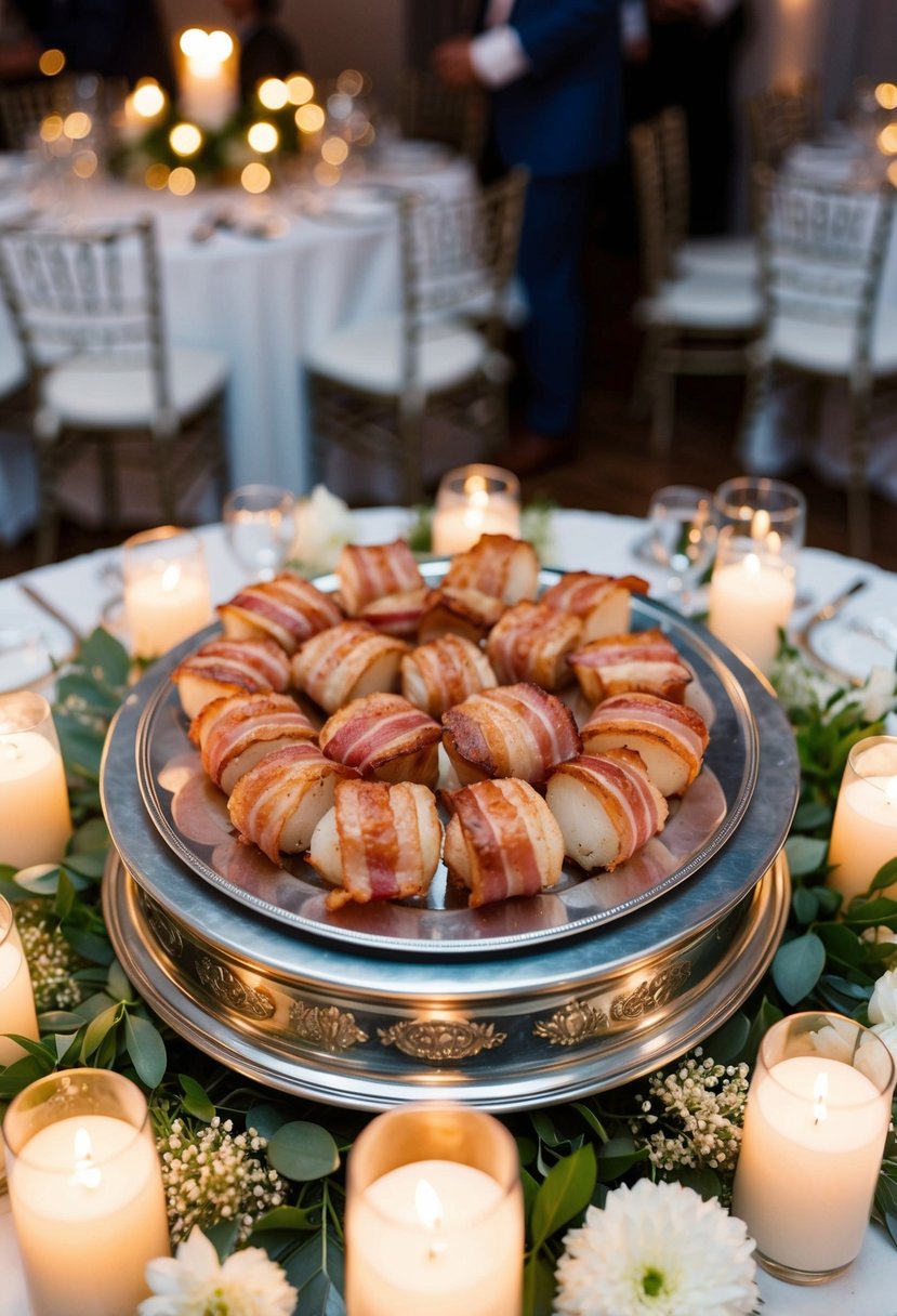 Bacon-wrapped scallops arranged on a silver platter, surrounded by elegant floral centerpieces and soft candlelight at a wedding reception