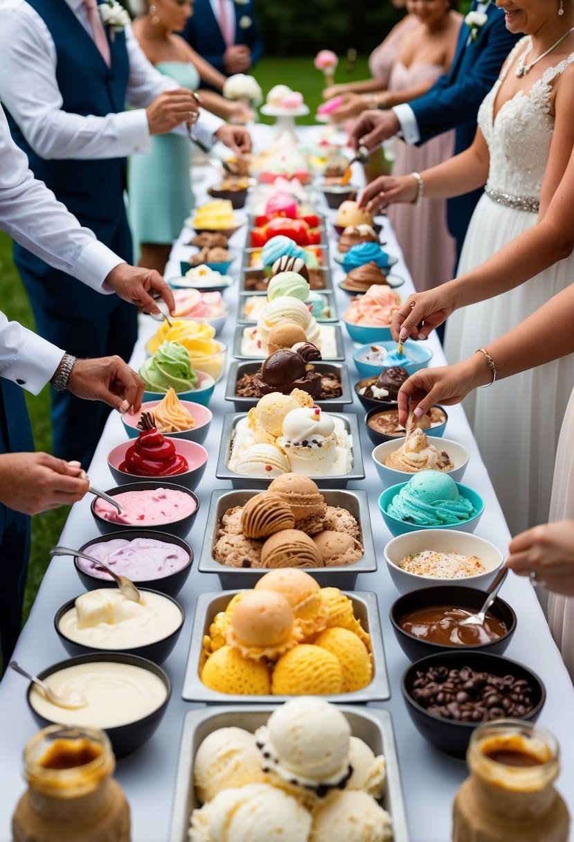 A colorful array of ice cream, toppings, and sauces arranged on a table, surrounded by eager wedding guests creating their own custom sundaes