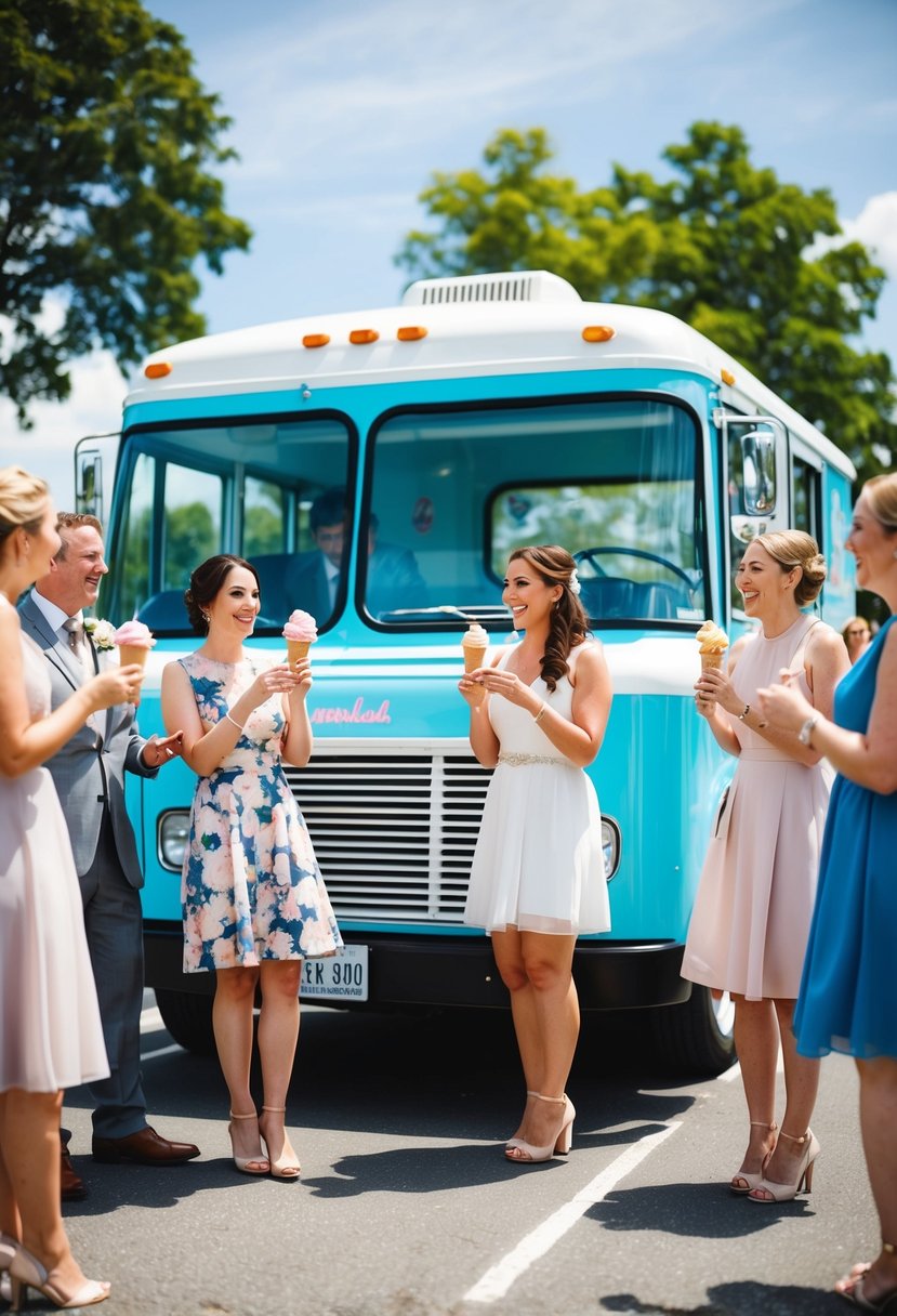 An ice cream truck parked at a wedding venue, surrounded by happy guests enjoying sweet frozen treats on a sunny day