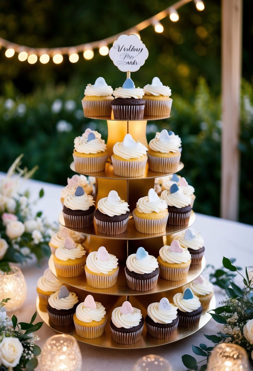 A three-tiered cupcake tower adorned with customizable wedding-themed cupcakes, surrounded by delicate floral arrangements and twinkling fairy lights