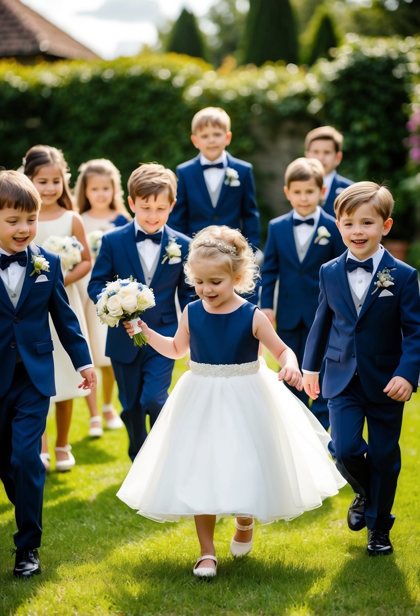 A group of children in navy blue wedding attire playing in a garden