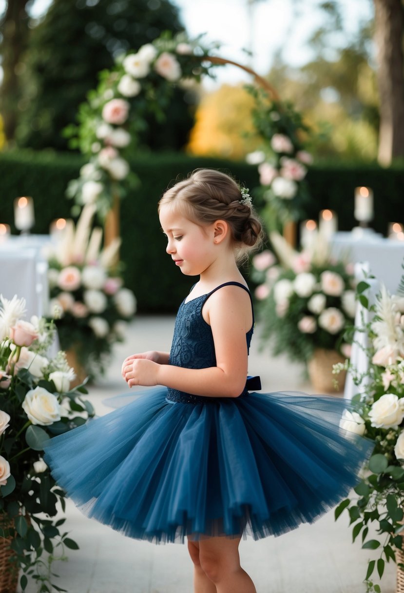 A young girl twirls in a navy tutu dress, surrounded by wedding flowers and decor