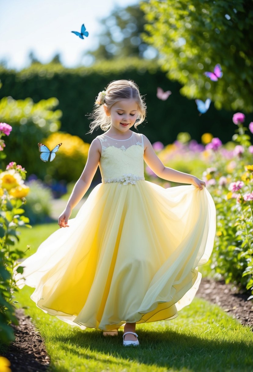 A young girl twirls in a sunny garden, wearing a flowing yellow wedding dress, surrounded by blooming flowers and fluttering butterflies