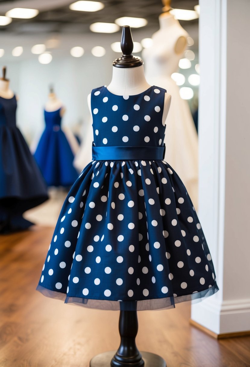 A navy blue wedding dress with chic polka dot pattern, designed for kids, displayed on a mannequin