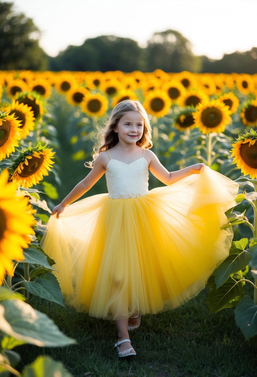 A young girl twirls in a field of sunflowers wearing a flowing yellow tulle gown, the sunlight casting a warm glow on the delicate fabric