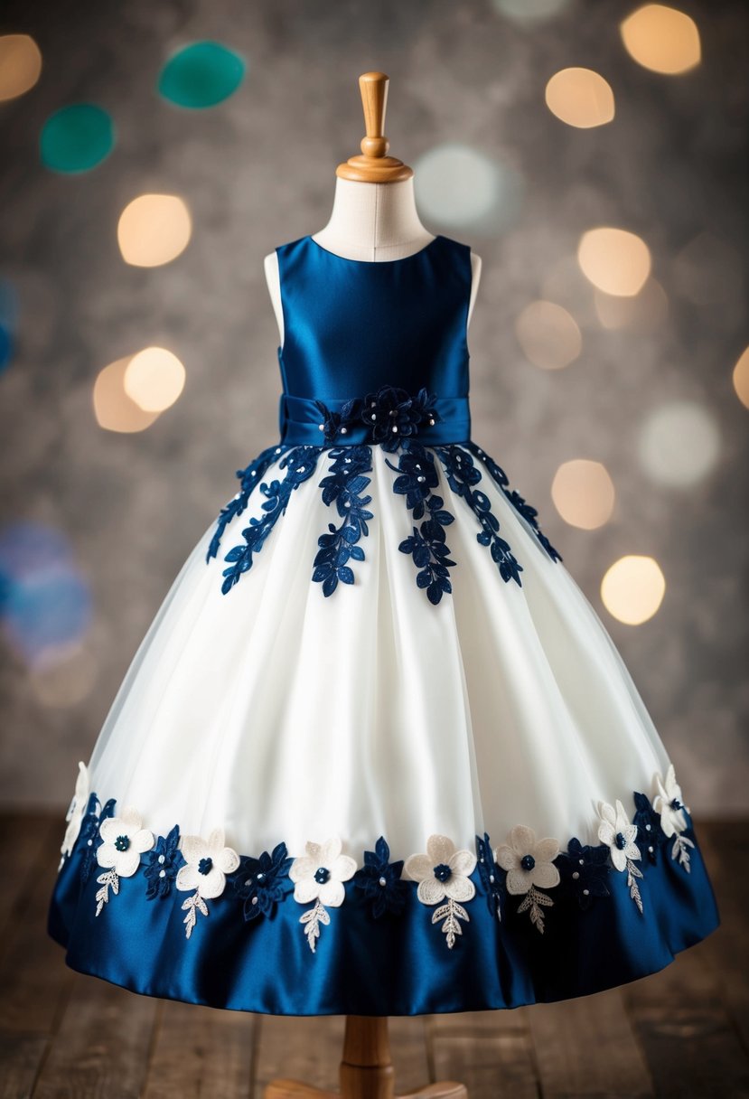 A navy blue wedding dress adorned with floral appliqué accents, designed for kids, hangs elegantly on a dress form