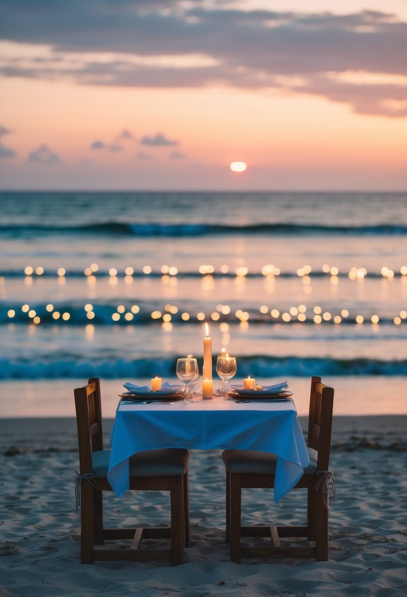 A cozy candlelit dinner on a beach at sunset with a table set for two, surrounded by twinkling fairy lights and a gentle ocean breeze