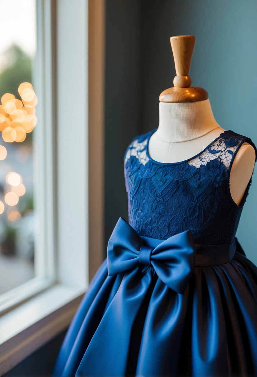 A navy blue wedding dress with lace and satin bow details on a child-sized mannequin