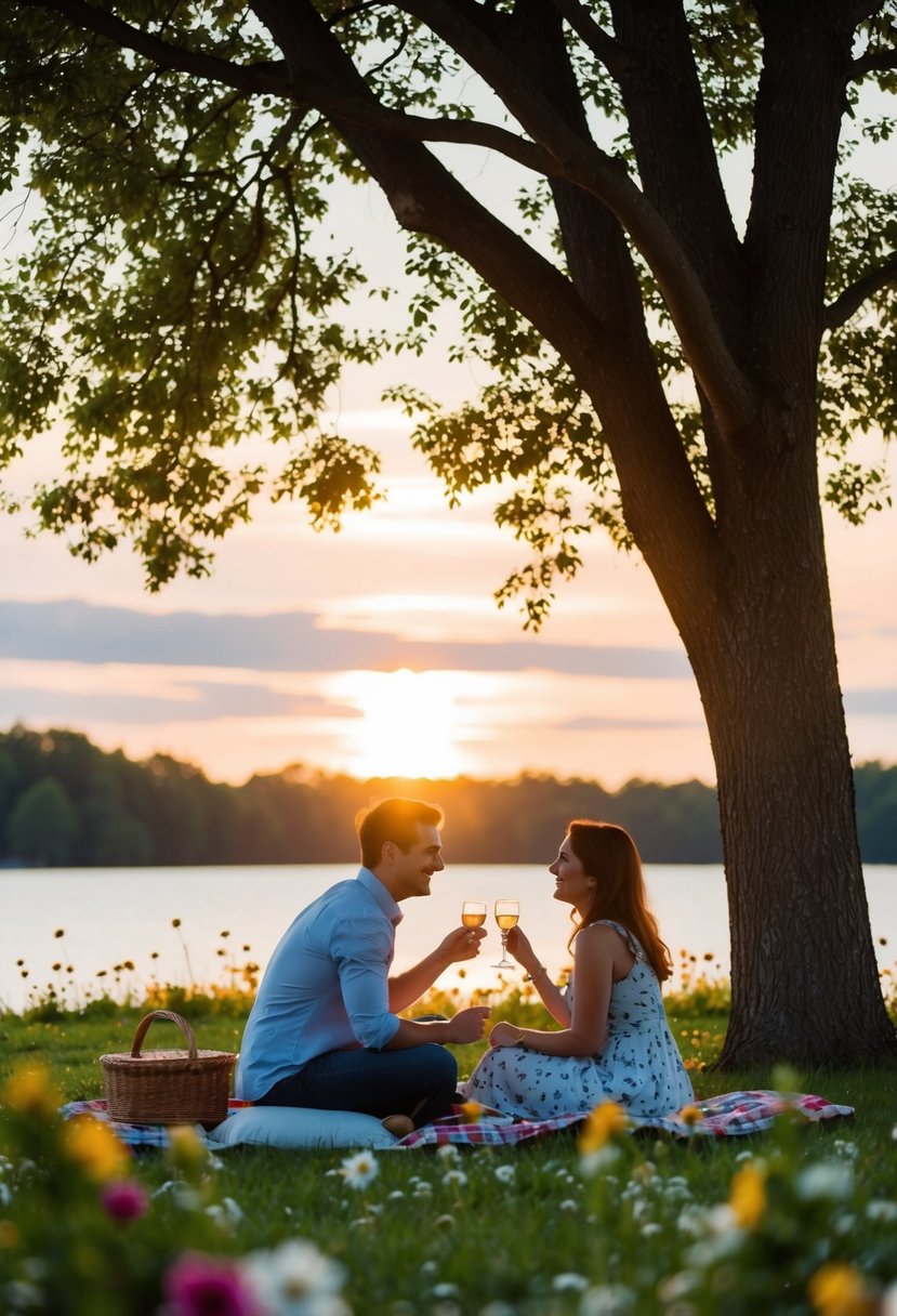 A couple picnicking under a tree, surrounded by flowers and a serene lake, with a sunset in the background