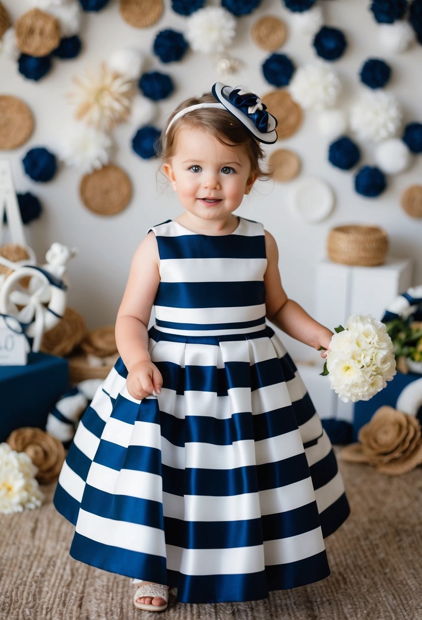 A young child in a navy and white striped wedding dress, surrounded by nautical decor and flowers