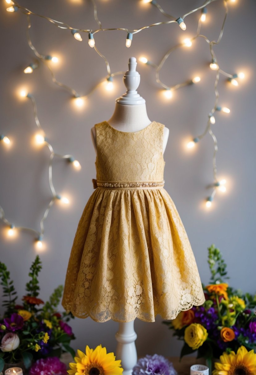 A golden lace dress hangs on a child-sized mannequin, surrounded by colorful flower arrangements and twinkling fairy lights