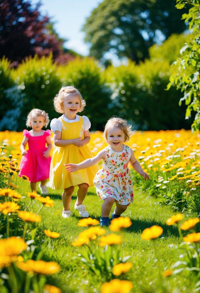 A sunny garden wedding with children playing in yellow daisy-filled fields, wearing bright, cheerful frocks